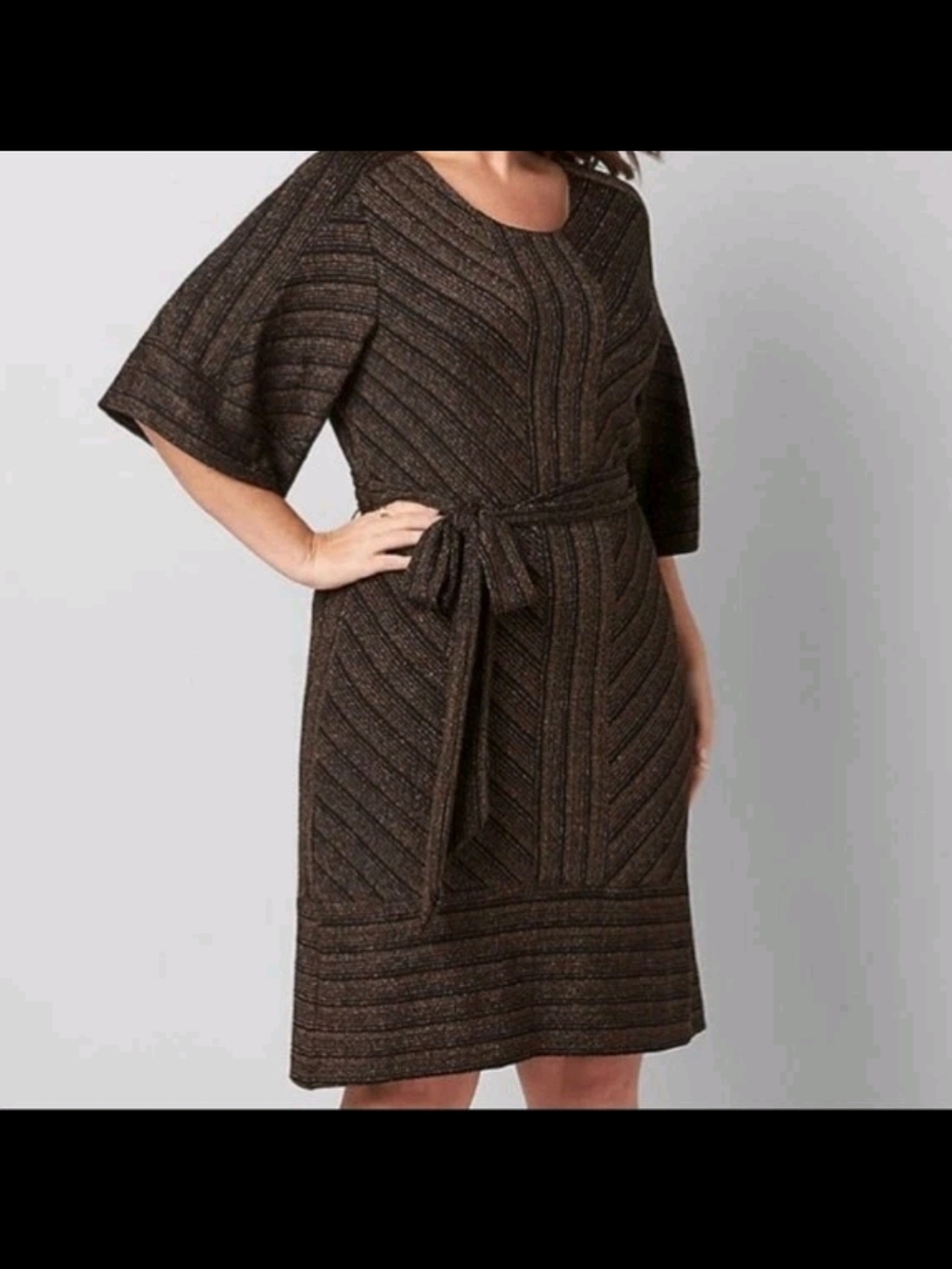Lane Bryant Brown Textured Midi Dress with Self-Tie Belt
